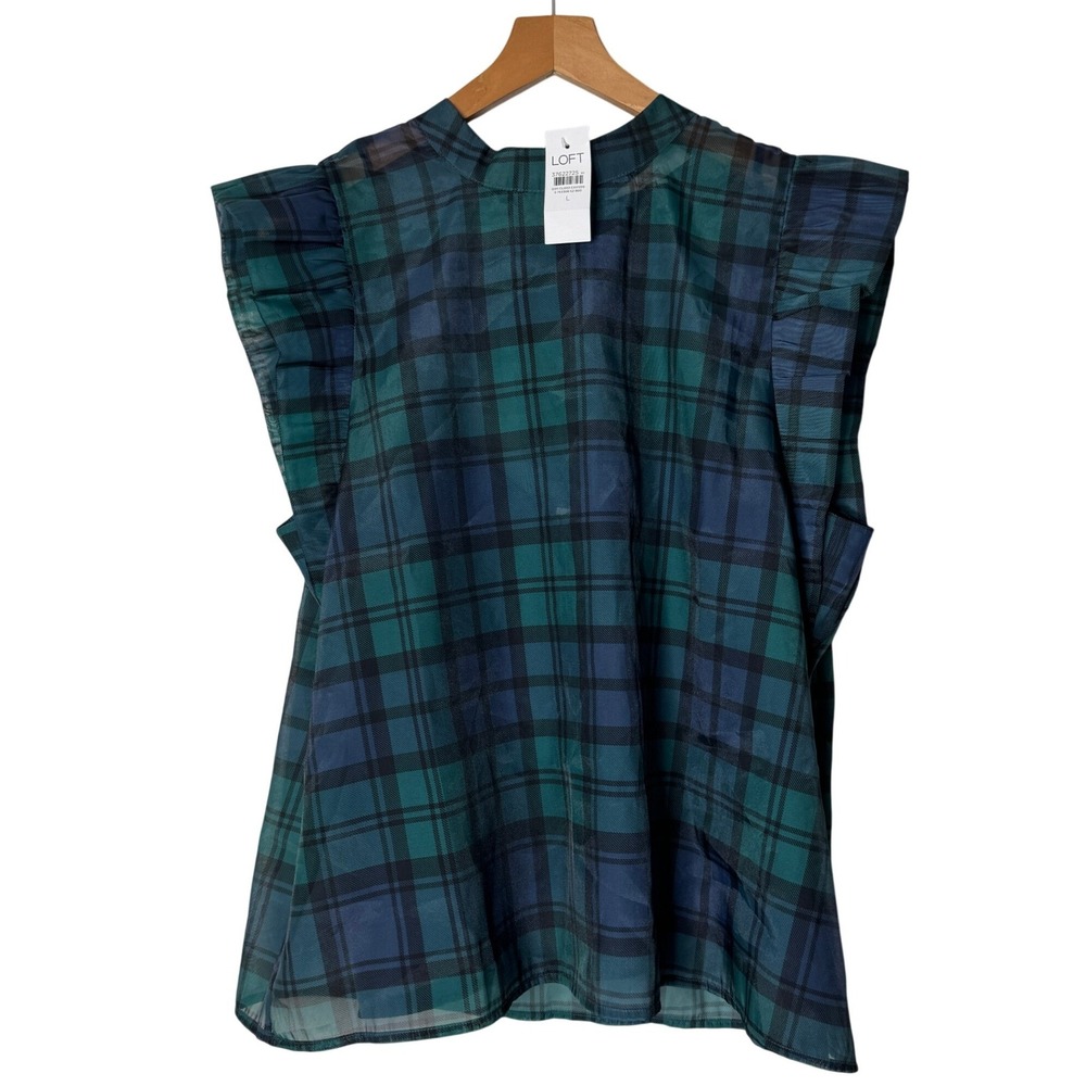 Loft Plaid Sheer Overlay Blouse Ruffle Tie Back Top Navy Green Womens Large NEW
